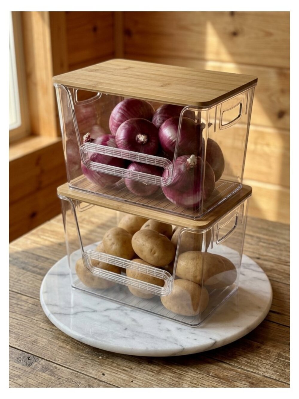 2 Set Stackable Pantry Organizers with Bamboo Lid & Trash Bag Holder